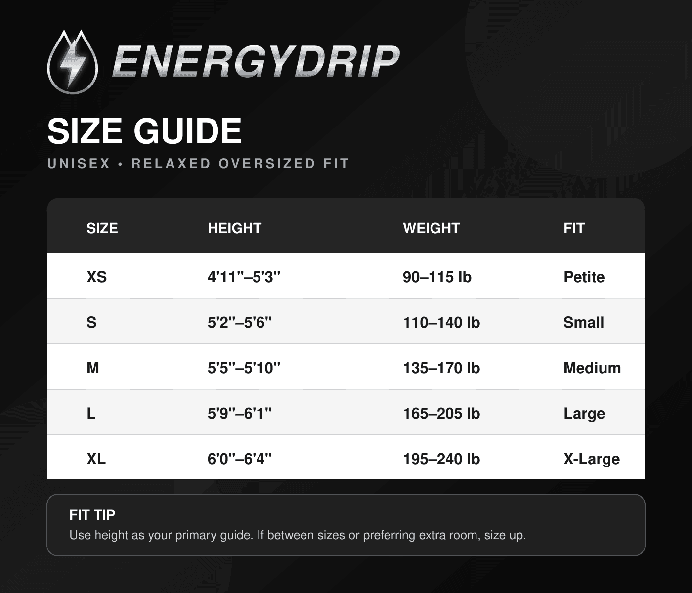EnergyDrip size chart showing measurements for XS through XL